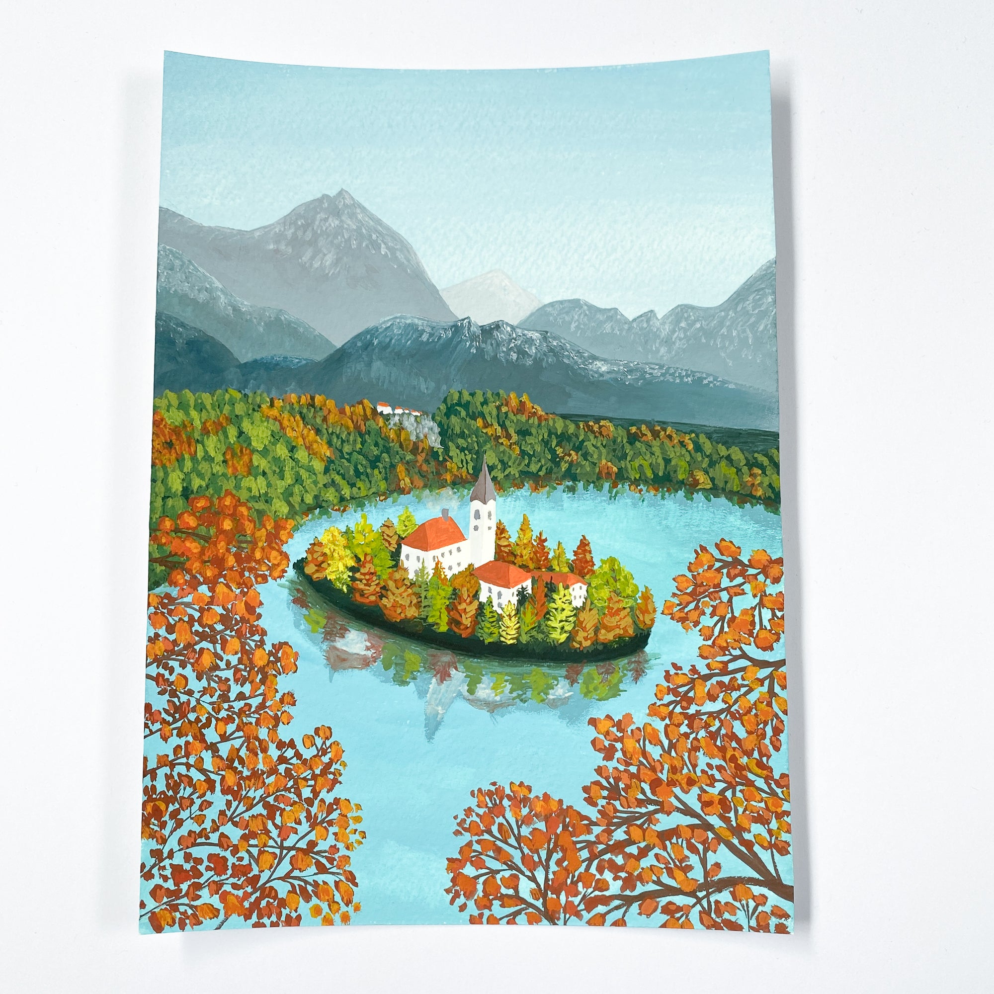 Lake Bled, Slovenia - Original 15x21cm Gouache Painting - By Sarah Frances - Sarah Frances