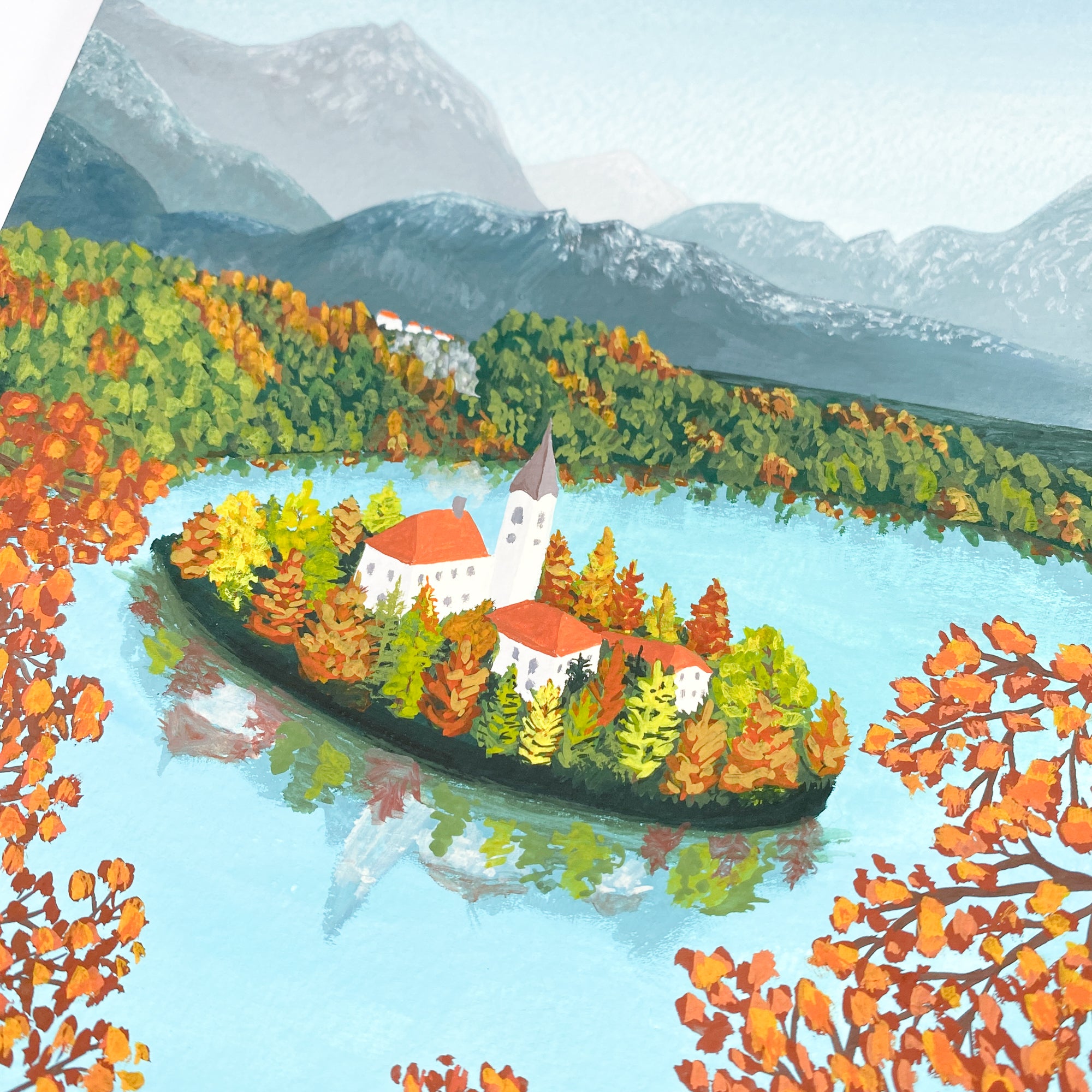 Lake Bled, Slovenia - Original 15x21cm Gouache Painting - By Sarah Frances - Sarah Frances