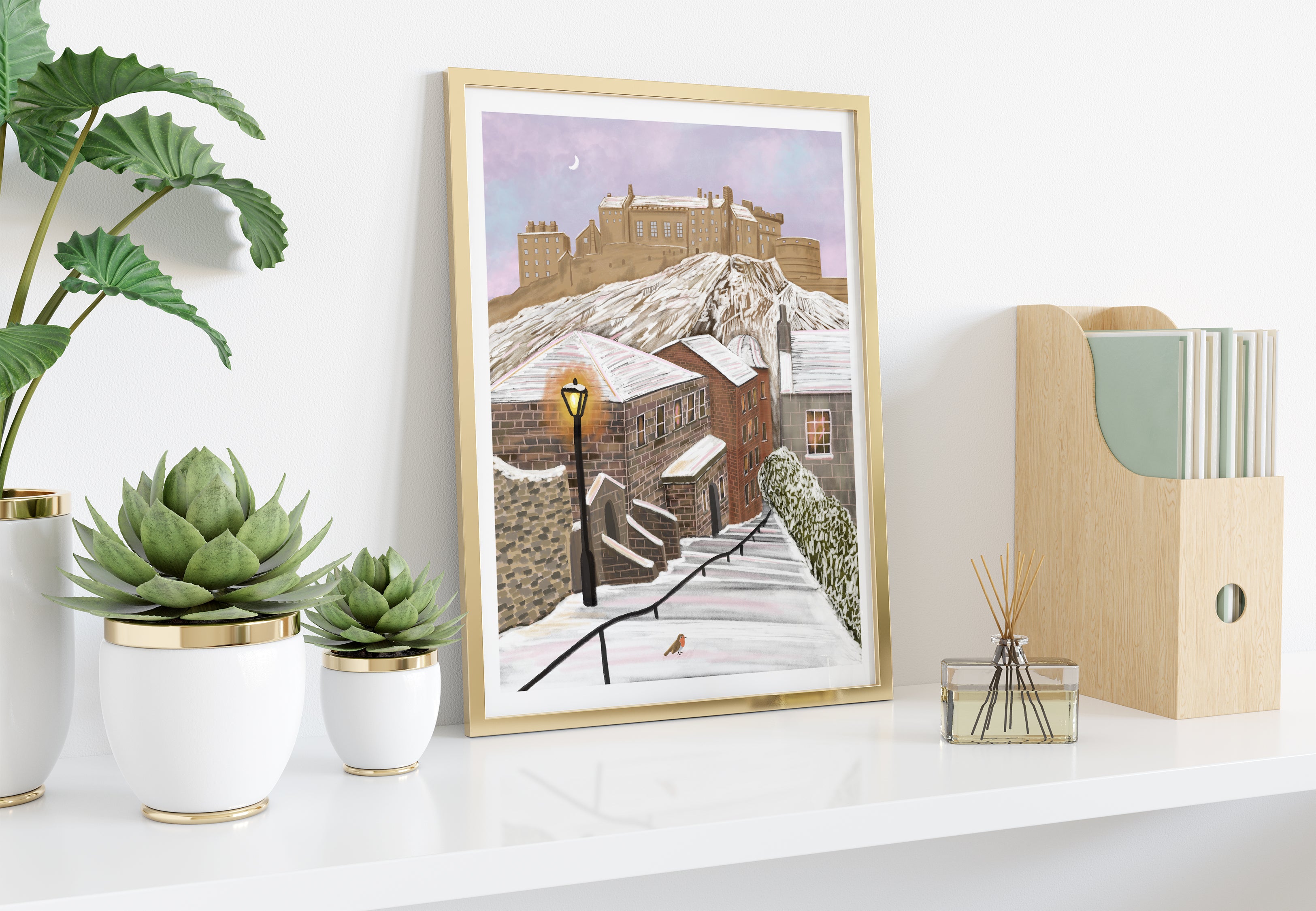 Snowy Edinburgh at Dusk Art Print - Sarah Frances