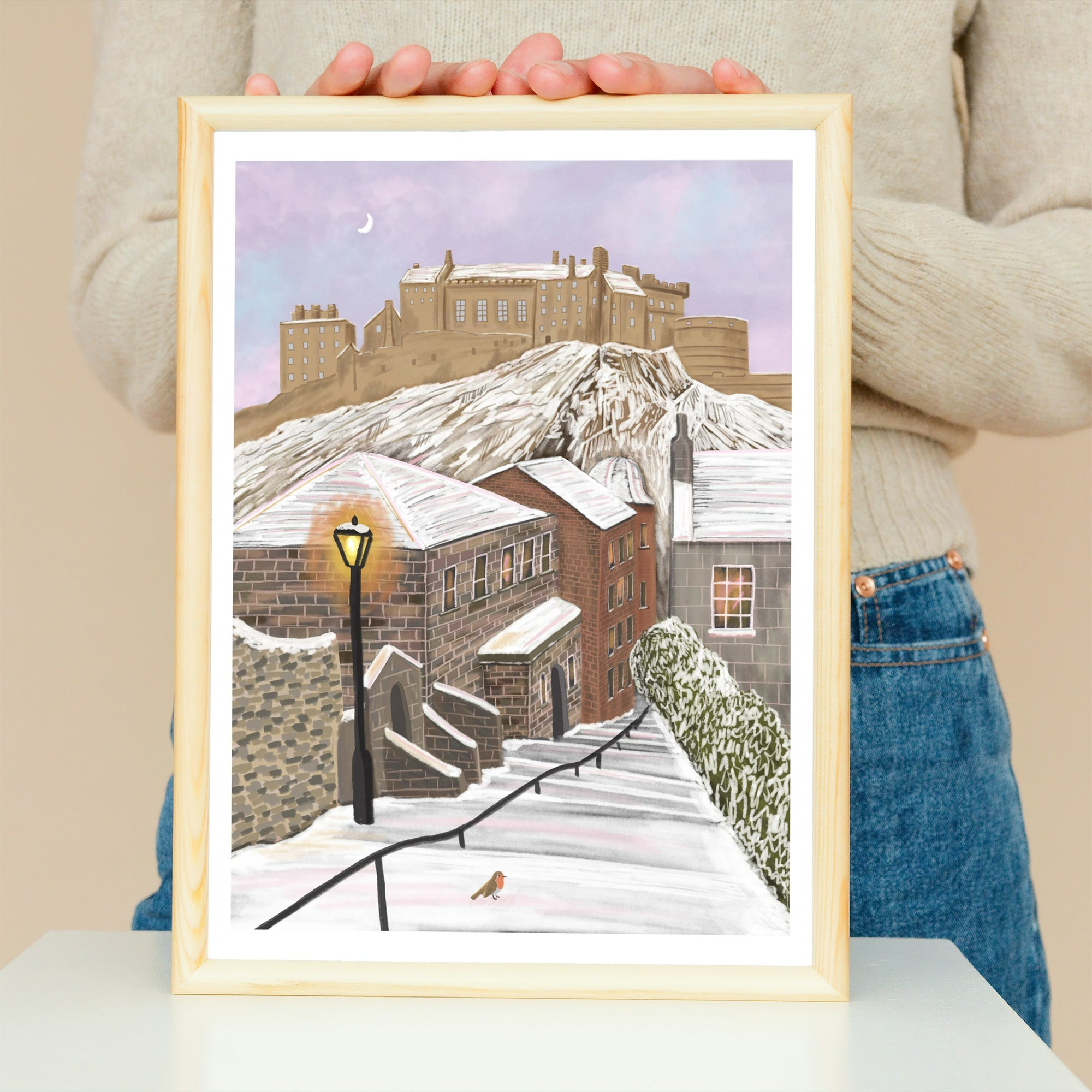 Snowy Edinburgh at Dusk Art Print - Sarah Frances