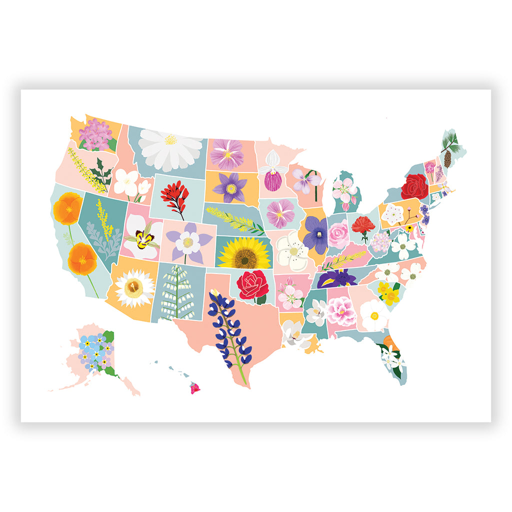 US State Flower Map Art Print - Sarah Frances 