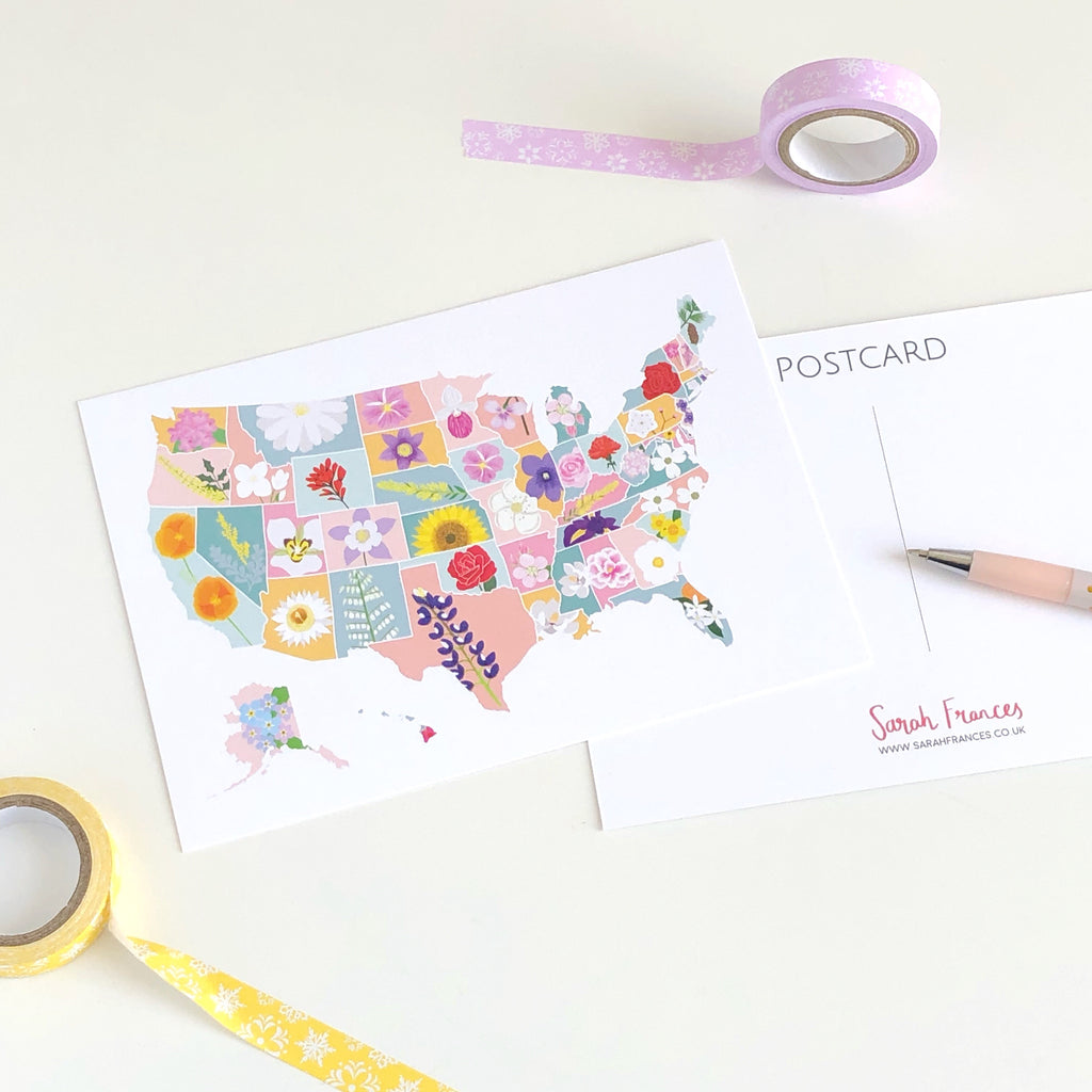 US State Flower Map Postcard - Sarah Frances 