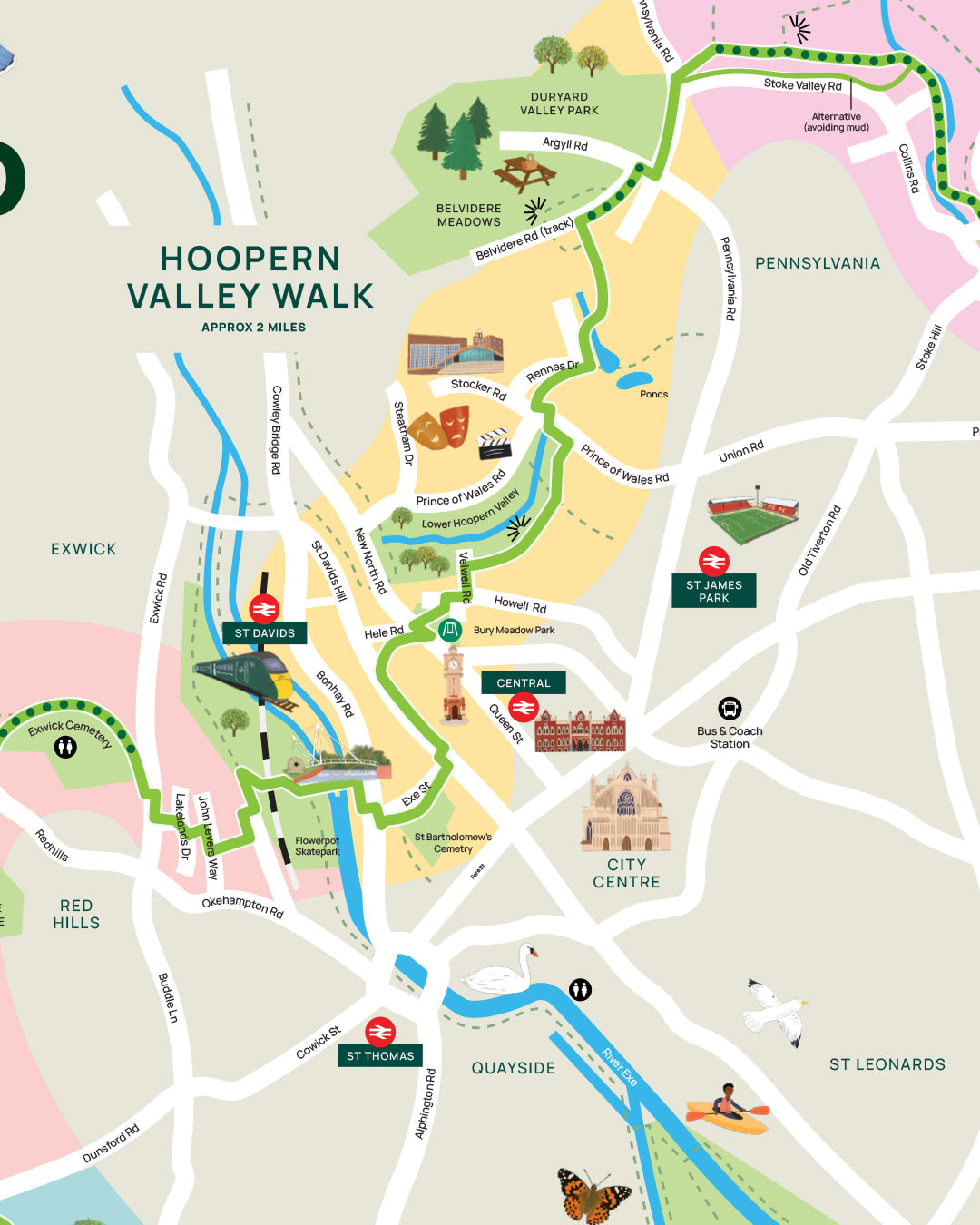 Exeter Green Circle illustrated map icons