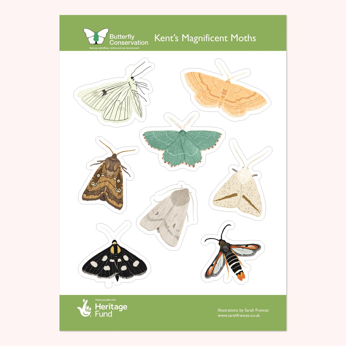 Kent's Magnificent Moths sticker sheet for Butterfly Conservation