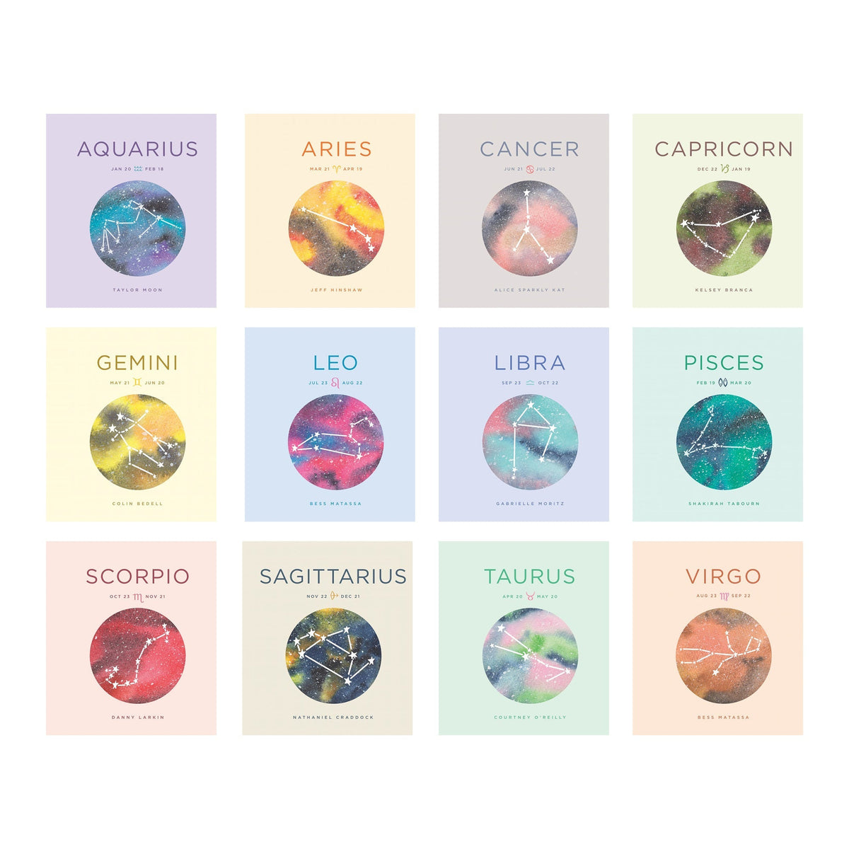 Watercolour galaxy illustrations with digital astrology symbols book covers for Sterling Publishing