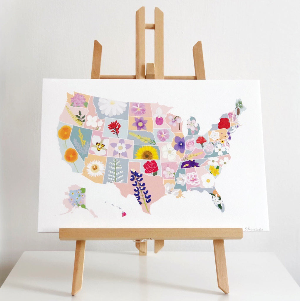 US State Flower Map Art Print - Sarah Frances 
